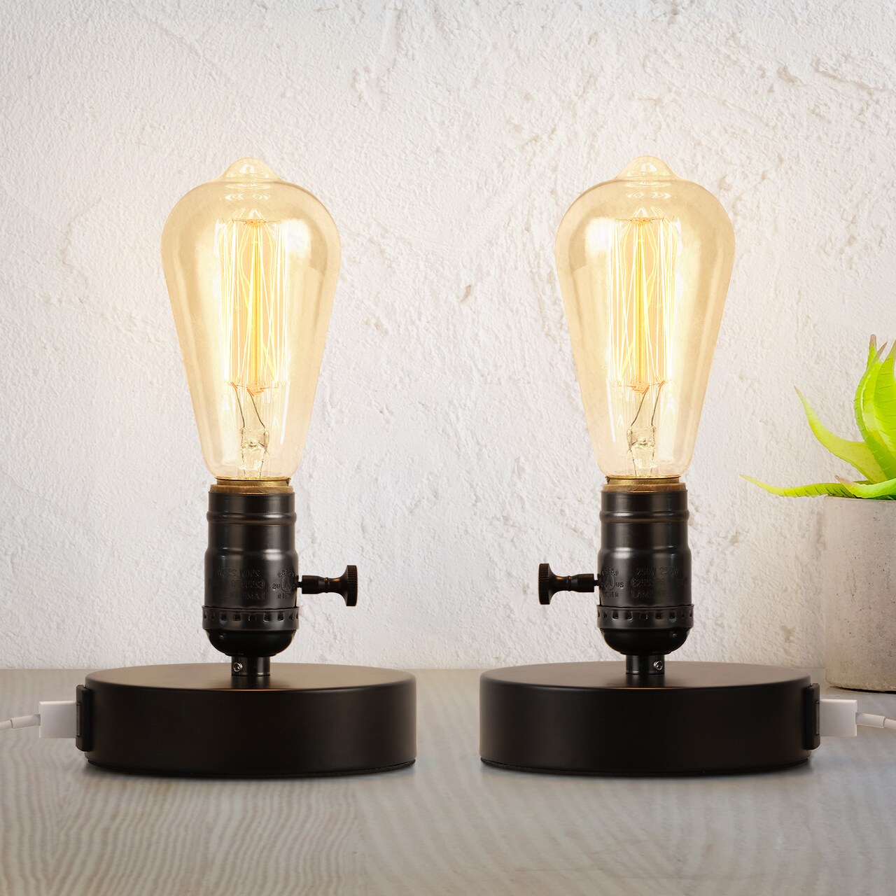 2PCS Vintage Industrial Table Lamps Bedside Desk Lamps with 2 USB Ports, Metal Base E26 Bulb Compatible, Retro Farmhouse Decor for Bedroom, Office, or Café